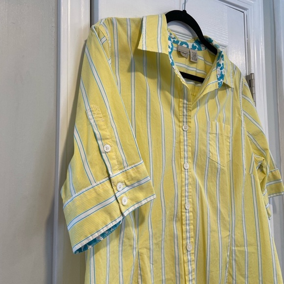 L.L. Bean Size XL Yellow Turquoise Stripe Short Sleeve Cotton Button Down Shirt - Picture 4 of 12